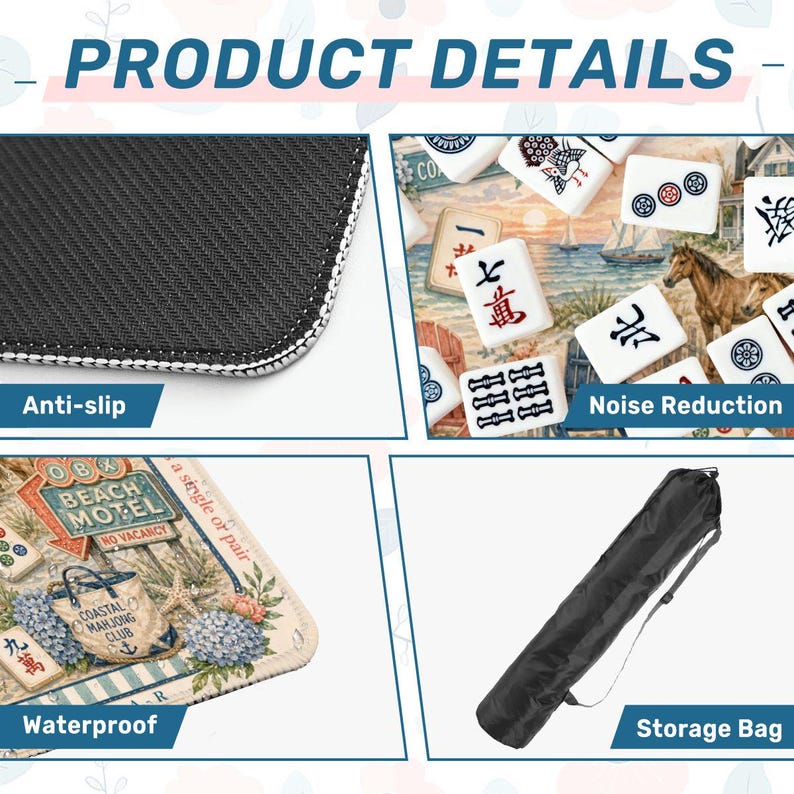 May include: A mahjong play mat featuring a coastal beach motel graphic with a black anti-slip textured underside, noise-reducing surface, waterproof material, and a black cylindrical storage bag with an adjustable shoulder strap for transport.