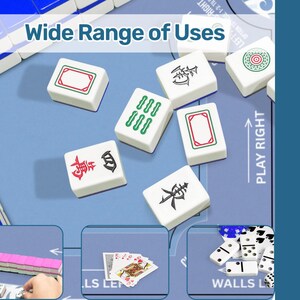 May include: White Mahjong tiles with red and green markings are scattered on a blue game board. The text "Wide Range of Uses" is at the top. The image also shows playing cards, dominoes, and other game pieces.