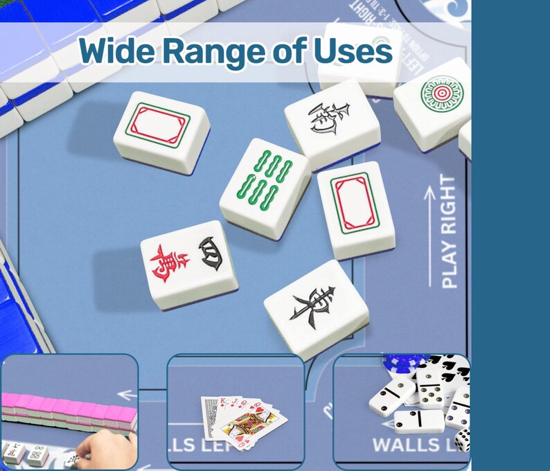 May include: White Mahjong tiles with red and green markings are scattered on a blue game board. The text "Wide Range of Uses" is at the top. The image also shows playing cards, dominoes, and other game pieces.