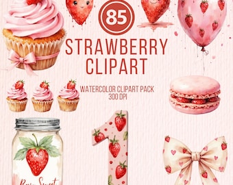Paquete de imágenes prediseñadas de fresas en acuarela, primer cumpleaños PNG (85 archivos)