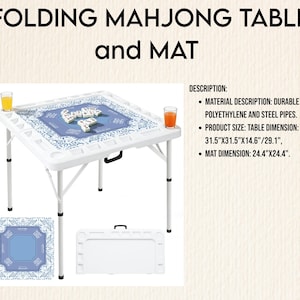 Puede incluir: Una mesa de Mahjong plegable blanca con una esterilla estampada azul, con asa y patas plegables. Las dimensiones de la mesa son 80cm x 80cm x 37cm/74cm, y la esterilla mide 62cm x 62cm. La imagen tambi&eacute;n muestra una esterilla a juego y una funda de transporte.