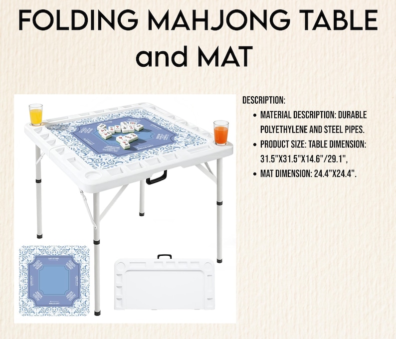 Puede incluir: Una mesa de Mahjong plegable blanca con una esterilla estampada azul, con asa y patas plegables. Las dimensiones de la mesa son 80cm x 80cm x 37cm/74cm, y la esterilla mide 62cm x 62cm. La imagen tambi&eacute;n muestra una esterilla a juego y una funda de transporte.