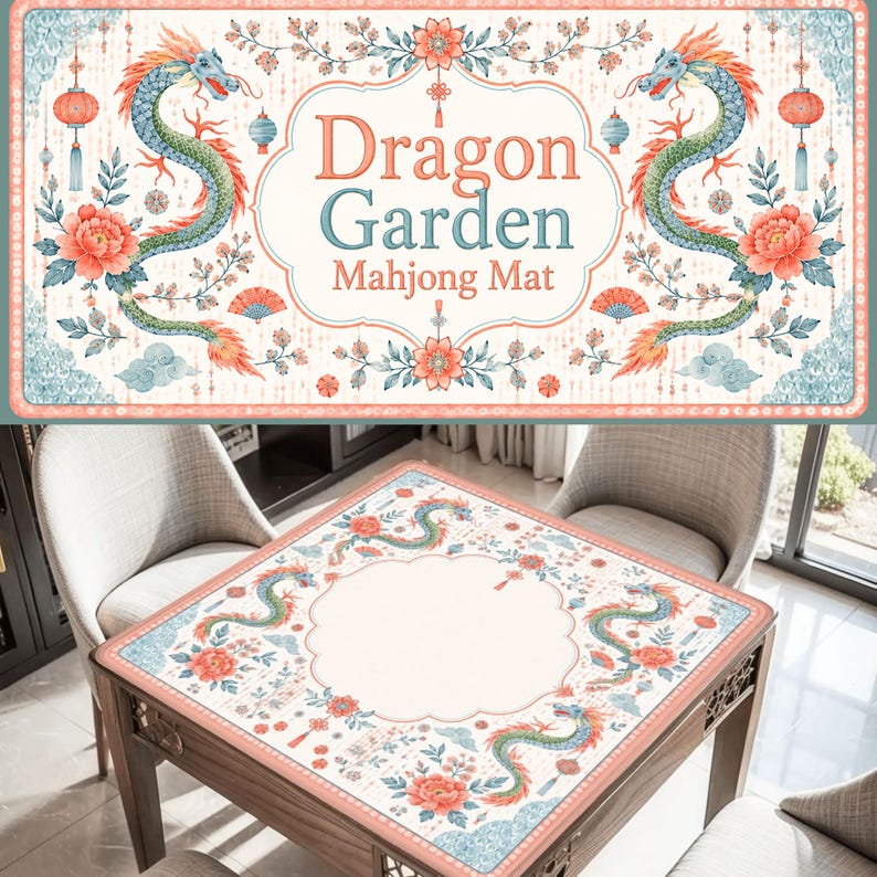 May include: A rectangular mahjong mat featuring a cream-colored center with a scalloped border, surrounded by illustrations of green and orange dragons, pink peonies, and red lanterns. The text Dragon Garden Mahjong Mat is printed in the center.