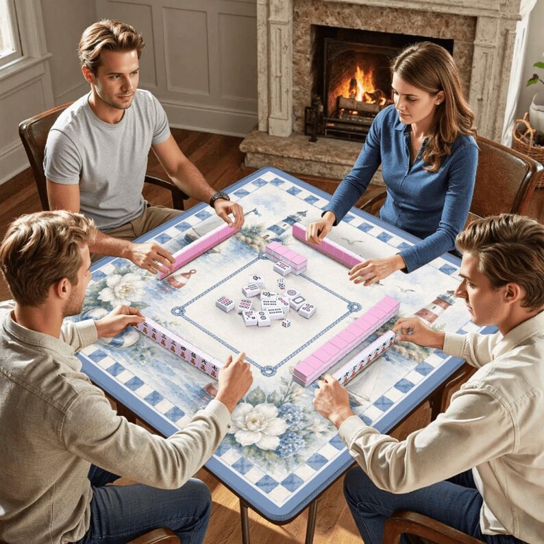 May include: A square game table featuring a light blue and white coastal-themed surface with lighthouse and floral illustrations. Four players are seated around the table, which holds a central pile of white mahjong tiles and four pink tile racks.
