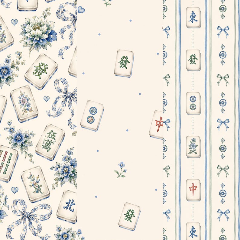 Mahjong Pattern Paper Mahjong Inspired Digital Paper Collection, Blue Sage Floral Chinoiserie ...