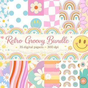 Retro Groovy Digital Paper | Pastel Theme Design | Baby Shower & Scrapbooking Designs | Floral Patterns for Spring Crafts