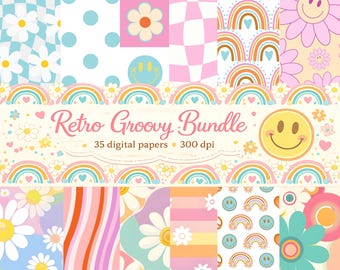 Retro Groovy Digital Paper | Pastel Theme Design | Baby Shower & Scrapbooking Designs | Floral Patterns for Spring Crafts