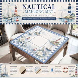 May include: A square mahjong mat featuring a nautical theme with sailboats, lighthouses, life buoys, and floral accents in blue and white. The mat has a checkered border and a central square frame. Text on the mat reads NAUTICAL MAHJONG MAT.