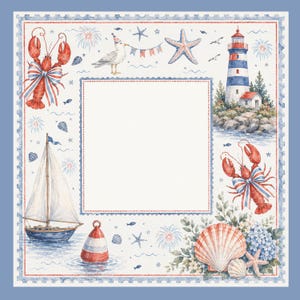 May include: Watercolor illustration with a nautical theme. Features a sailboat, lighthouse, lobster, starfish, and a seagull wearing a party hat. The design includes a red, white, and blue color scheme, with a blank white square in the center.