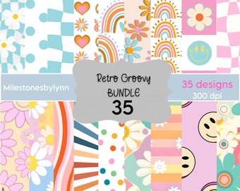 Retro Groovy Digital Paper | Pastel Theme Design | Baby Shower & Scrapbooking Designs | Floral Patterns for Spring Crafts