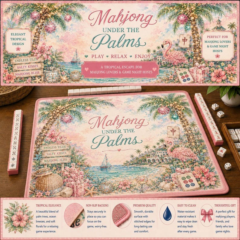 May include: A Mahjong game set with a tropical theme, featuring palm trees, a flamingo, and the text "Mahjong Under the Palms." The set includes tiles, dice, and a playing mat with a pink border. The mat has the text "A Tropical Escape for Mahjong Lovers & Game Night Hosts."