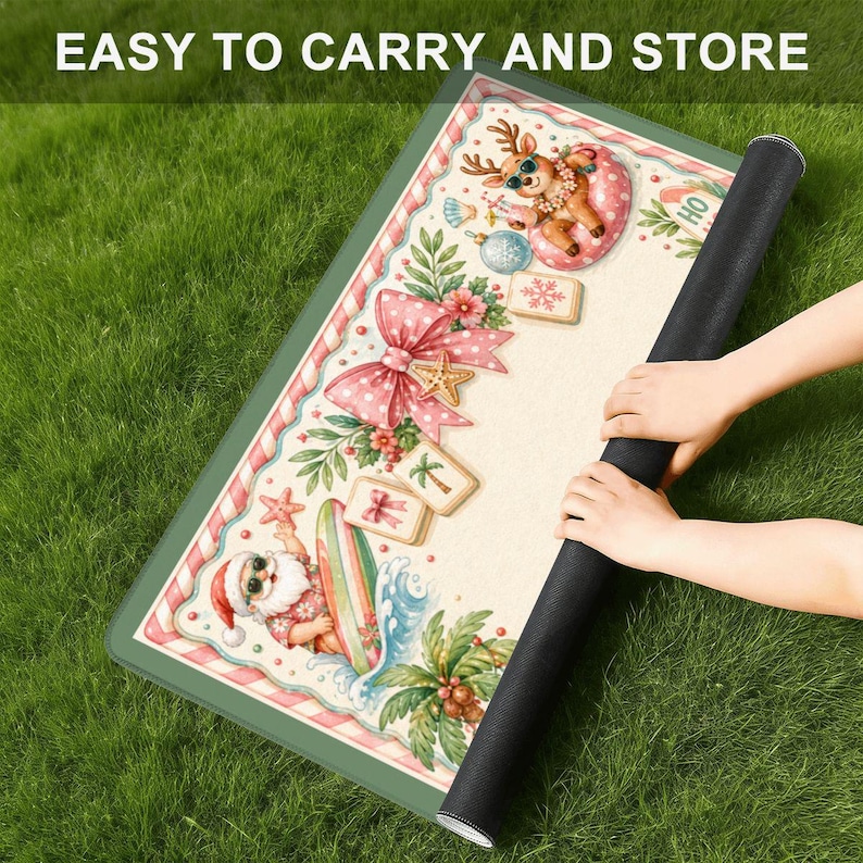 May include: A rolled-up Christmas mat with a green border and a festive design featuring Santa Claus surfing, a reindeer, and a large pink bow. The text "EASY TO CARRY AND STORE" is visible at the top.