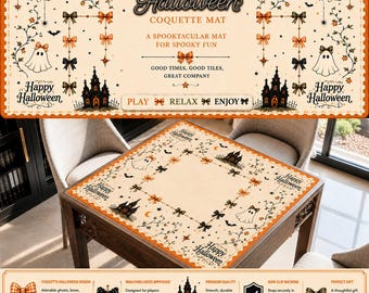Coquette Halloween Mahjong Mat, Ghost Bow and Haunted House Theme, Coquette Ghost & Haunted House Mahjong Table Mat