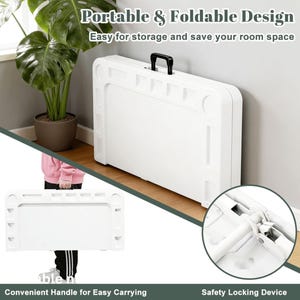 Puede incluir: Una mesa blanca y plegable con un asa negra, dise&ntilde;ada para un f&aacute;cil almacenamiento. La imagen destaca la portabilidad y el dispositivo de bloqueo de seguridad de la mesa. El texto de la imagen dice: "Dise&ntilde;o port&aacute;til y plegable" y "F&aacute;cil de guardar y ahorrar espacio".