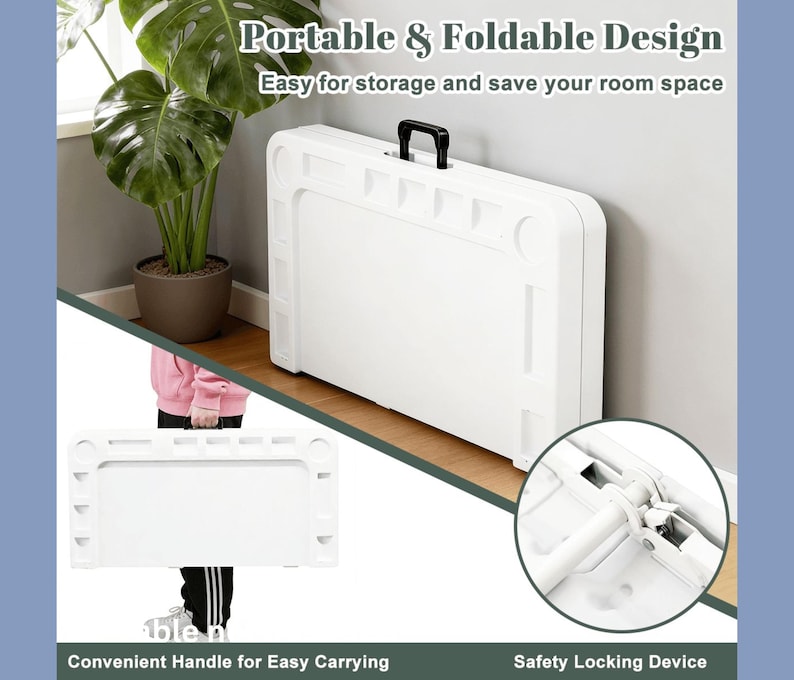 Puede incluir: Una mesa blanca y plegable con un asa negra, dise&ntilde;ada para un f&aacute;cil almacenamiento. La imagen destaca la portabilidad y el dispositivo de bloqueo de seguridad de la mesa. El texto de la imagen dice: "Dise&ntilde;o port&aacute;til y plegable" y "F&aacute;cil de guardar y ahorrar espacio".
