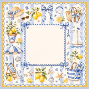 Pu&ograve; includere: Illustrazione ad acquerello a tema spiaggia. Presenta un cappello di paglia, limoni, una barca a vela, una sedia a sdraio e una borsa tote a righe. Il design include strisce blu e bianche, fiocchi e conchiglie, con un bordo giallo.