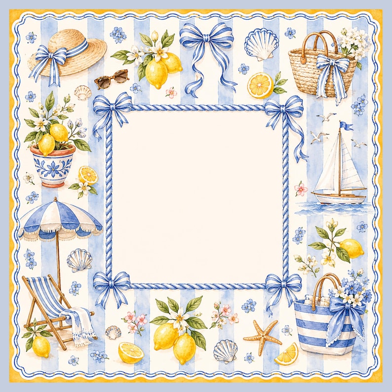 Pu&ograve; includere: Illustrazione ad acquerello a tema spiaggia. Presenta un cappello di paglia, limoni, una barca a vela, una sedia a sdraio e una borsa tote a righe. Il design include strisce blu e bianche, fiocchi e conchiglie, con un bordo giallo.