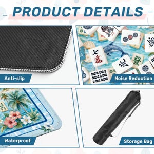 Puede incluir: Imagen de detalles del producto: superficie antideslizante negra, primer plano de fichas de Mahjong, superficie impermeable con dise&ntilde;o floral y bolsa de almacenamiento negra. El texto incluye "Product Details", "Anti-slip", "Noise Reduction", "Waterproof" y "Storage Bag".