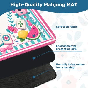 May include: A high-quality Mahjong mat with a colorful design featuring a watermelon slice, lemon, and floral elements. The mat has a soft tech fabric, environmental protection XPE, and a non-slip thick rubber foam backing. The text "High-Quality Mahjong MAT" is at the top.