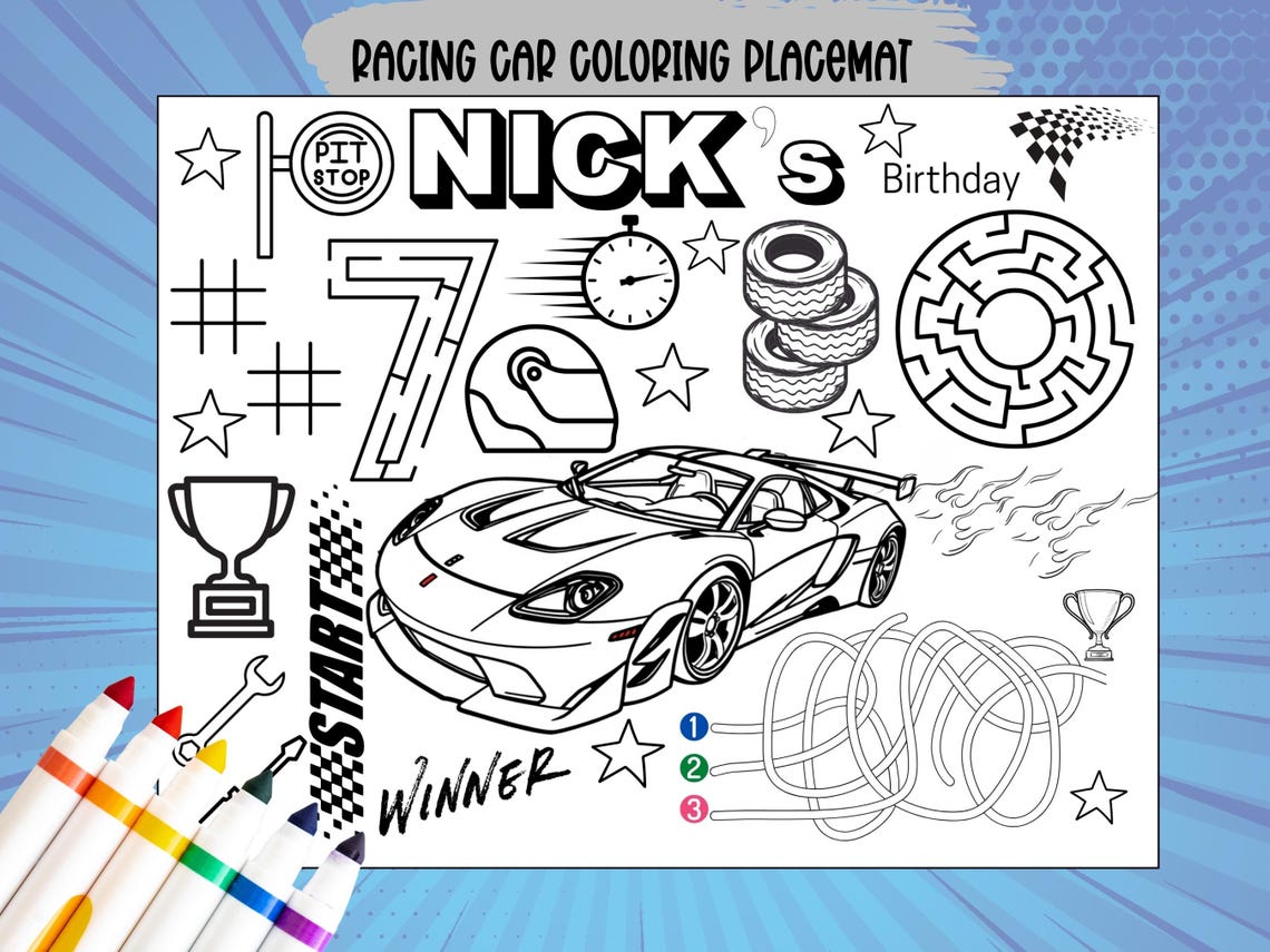 Classic Wheels Coloring Page for Kids Birthday Hot Race Car Party ...