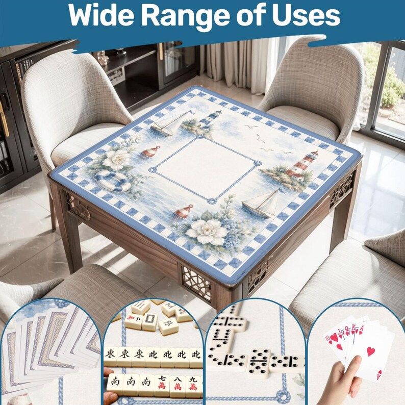 May include: A square table mat featuring a nautical theme with a lighthouse, sailboats, and floral accents in blue and white. The border has a blue and white checkered pattern. Insets show playing cards, mahjong tiles, and dominoes in use.