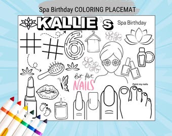 Birthday Party Coloring Page, Spa Party theme girl birthday party favor Spa birthday coloring activity for girls birthday party placemat