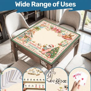 May include: A wooden mahjong table with a green border and a festive summer Santa design. The table is surrounded by chairs and includes images of mahjong tiles, dominoes, and playing cards. The text "Wide Range of Uses" is at the top.