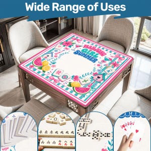 May include: A wooden square table with a decorative pink and white mat featuring the text "Mahjong Girl Summer", watermelon slices, lemons, and floral designs. The image also shows playing cards, dominoes, and mahjong tiles.