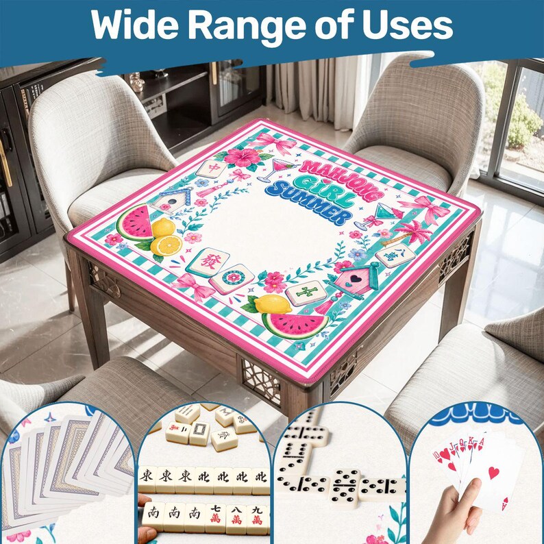 May include: A wooden square table with a decorative pink and white mat featuring the text "Mahjong Girl Summer", watermelon slices, lemons, and floral designs. The image also shows playing cards, dominoes, and mahjong tiles.