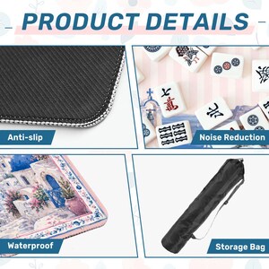 Pode incluir: Um gr&aacute;fico de detalhes do produto apresentando uma textura de tapete antiderrapante preta, pe&ccedil;as de mahjong brancas para redu&ccedil;&atilde;o de ru&iacute;do, um canto de tapete com uma estampa de edif&iacute;cio mediterr&acirc;neo azul e branco e uma bolsa de armazenamento preta.
