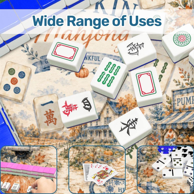 May include: A selection of white Mahjong tiles featuring diverse symbols and colours, such as green, red, and black. The image also displays playing cards and dominoes, indicating a game theme. Text reads "Wide Range of Uses."