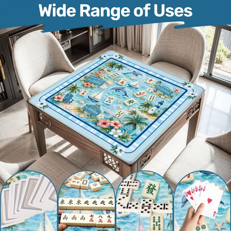 Puede incluir: Una mesa cuadrada de madera con una tapa azul y blanca con tem&aacute;tica de Florida. La tapa presenta im&aacute;genes de delfines, veleros y flores. La mesa est&aacute; rodeada de sillas y muestra varias piezas de juego, incluyendo cartas, domin&oacute; y fichas de mahjong. El texto en la imagen dice "Wide Range of Uses."