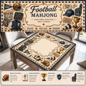 May include: A square game mat featuring a football-themed design with illustrations of helmets, trophies, foam fingers, and jerseys. The center is a cream-colored square bordered by a rope pattern, surrounded by football icons on a tan background.
