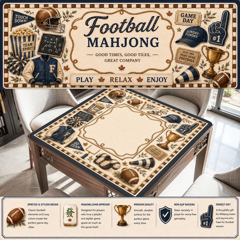 May include: A square game mat featuring a football-themed design with illustrations of helmets, trophies, foam fingers, and jerseys. The center is a cream-colored square bordered by a rope pattern, surrounded by football icons on a tan background.