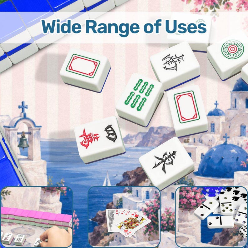 Pode incluir: Uma cole&ccedil;&atilde;o de pe&ccedil;as de Mahjong brancas com verso azul, apresentando v&aacute;rios s&iacute;mbolos pretos, vermelhos e verdes. A imagem inclui o texto Wide Range of Uses e inser&ccedil;&otilde;es menores mostrando pe&ccedil;as cor-de-rosa, cartas de jogar e domin&oacute;s.