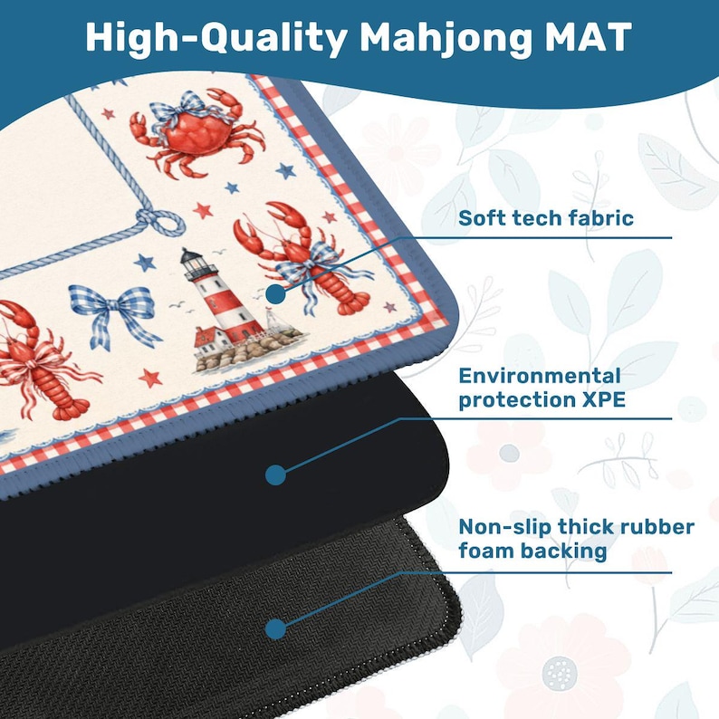 K&ouml;nnte beinhalten: Eine hochwertige Mahjong-Matte mit nautischem Thema. Die obere Schicht hat einen wei&szlig;en Hintergrund mit roten Hummern, Krabben und einem Leuchtturm-Design. Die Matte hat ein weiches Tech-Gewebe, Umweltschutz XPE und eine rutschfeste, dicke Schaumstoffr&uuml;cken.