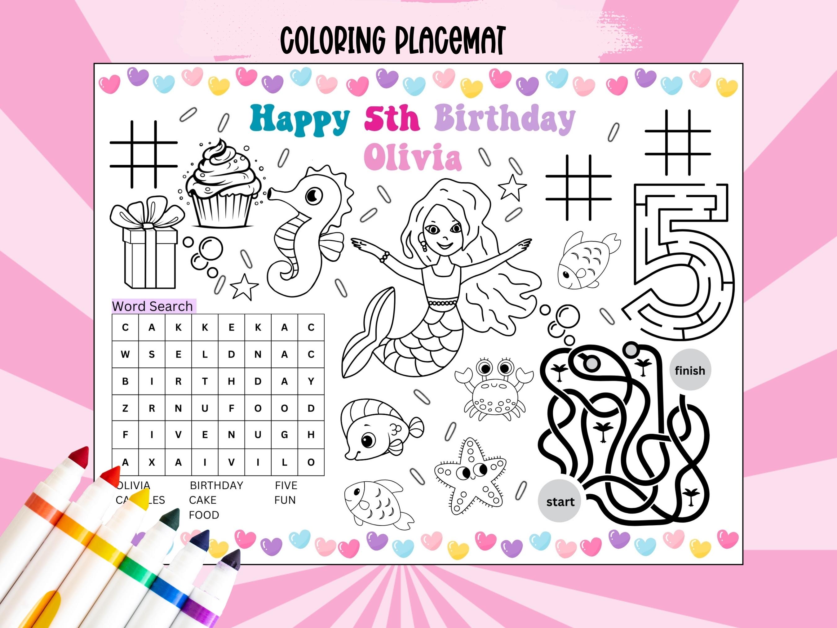 Mermaid birthday coloring page for kids party coloring tabletop
