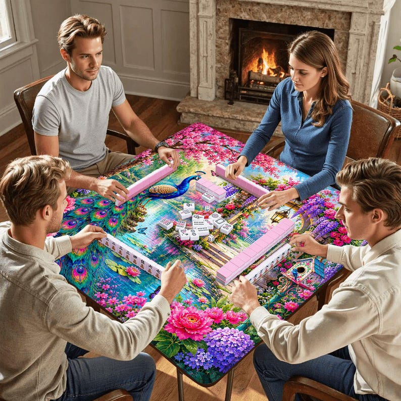 May include: A square game table featuring a vibrant peacock and floral print surface with four players engaged in a game of mahjong. The table displays pink, blue, and green colors, with white mahjong tiles arranged in rows and a central pile.