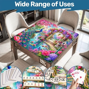 May include: A square table featuring a vibrant peacock and floral garden print on its surface. The table is surrounded by four chairs and includes circular insets showing playing cards, mahjong tiles, and dominoes with the text Wide Range of Uses.
