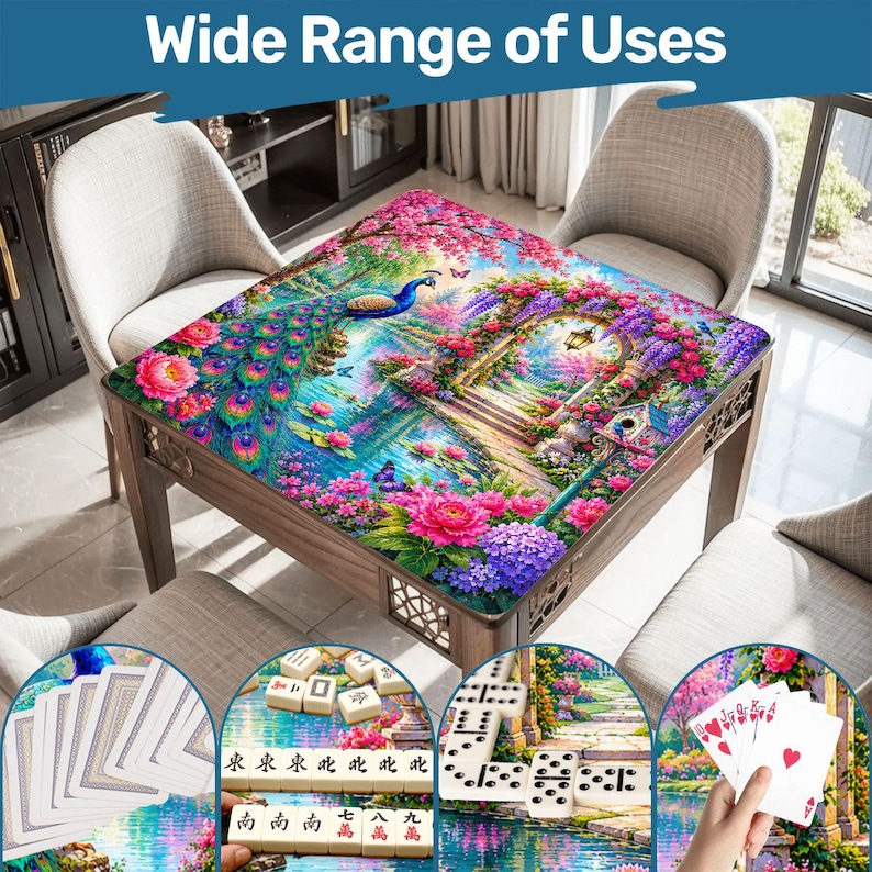 May include: A square table featuring a vibrant peacock and floral garden print on its surface. The table is surrounded by four chairs and includes circular insets showing playing cards, mahjong tiles, and dominoes with the text Wide Range of Uses.