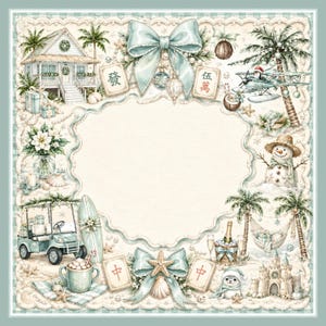 May include: A watercolor illustration with a tropical Christmas theme. The image features a beach scene with a house, palm trees, a snowman, and a golf cart. Decorative elements include bows, seashells, and Chinese characters.