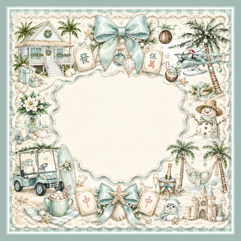 May include: A watercolor illustration with a tropical Christmas theme. The image features a beach scene with a house, palm trees, a snowman, and a golf cart. Decorative elements include bows, seashells, and Chinese characters.