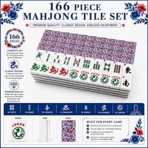 Blue & Red Mahjong Bundle Set, 166 Mahjong Tiles, Mahjong Mat and Carry Bag, Floral Mahjong Set, American Mahjong Gift Set image 5