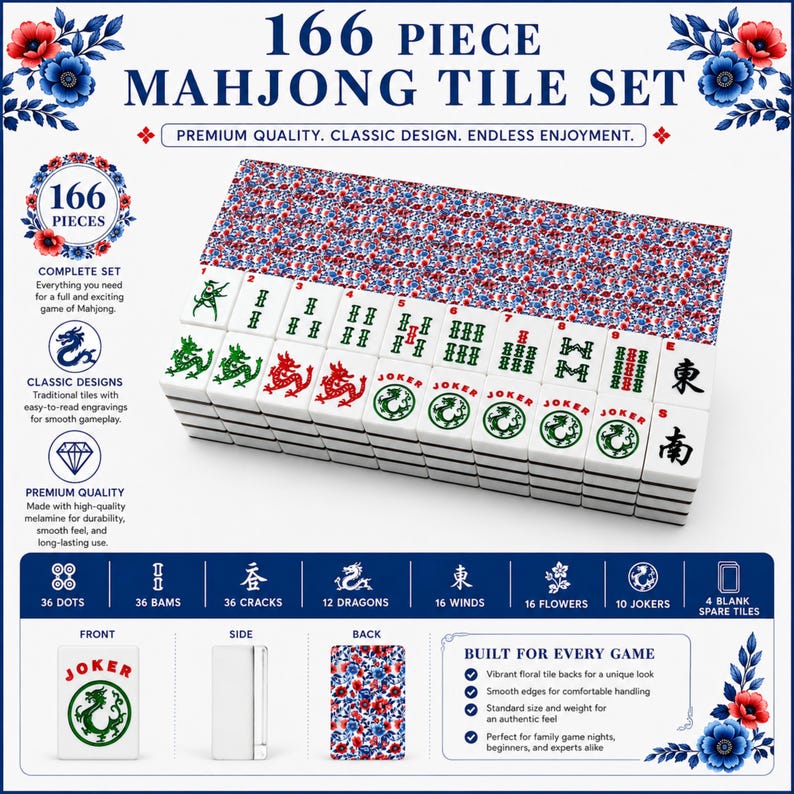 Blue & Red Mahjong Bundle Set, 166 Mahjong Tiles, Mahjong Mat and Carry Bag, Floral Mahjong Set, American Mahjong Gift Set image 5