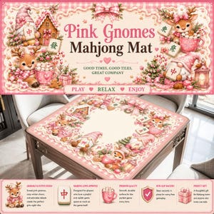 Pink Christmas Gnome Mahjong Mat, Coquette Mahjong Table Cover, Cute Holiday Mahjong Gift, Pink Gnome Mahjong Mat, Girly Winter Game Decor image 1
