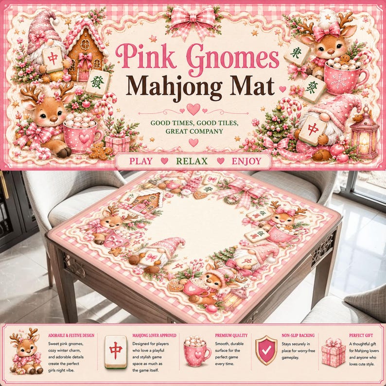 Pink Christmas Gnome Mahjong Mat, Coquette Mahjong Table Cover, Cute Holiday Mahjong Gift, Pink Gnome Mahjong Mat, Girly Winter Game Decor image 1