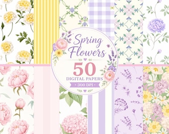 Spring Floral Digital Paper Pack, 50 Pastel Flower Patterns, Scrapbook Paper Bundle, Printable Backgrounds, Junk Journal, Commercial Use