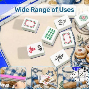May include: A selection of white Mahjong tiles featuring different symbols and patterns, arranged on a beige background. The text "Wide Range of Uses" is visible. The image also shows playing cards, dominoes, and other game components.
