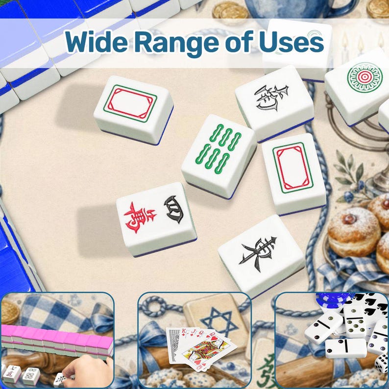 May include: A selection of white Mahjong tiles featuring different symbols and patterns, arranged on a beige background. The text "Wide Range of Uses" is visible. The image also shows playing cards, dominoes, and other game components.