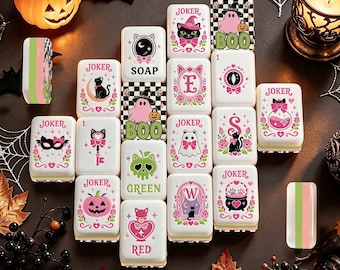 Halloween Mahjong Tiles | Pink Ghost, Black Cat & Witch Mahjong Tile Set | Cute Spooky Coquette Mahjong Accessories Gift